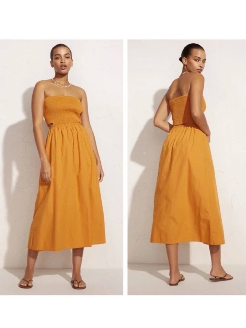 Faithfull the Brand Strapless Smocked Midi Dress in Mustard (M / 6)